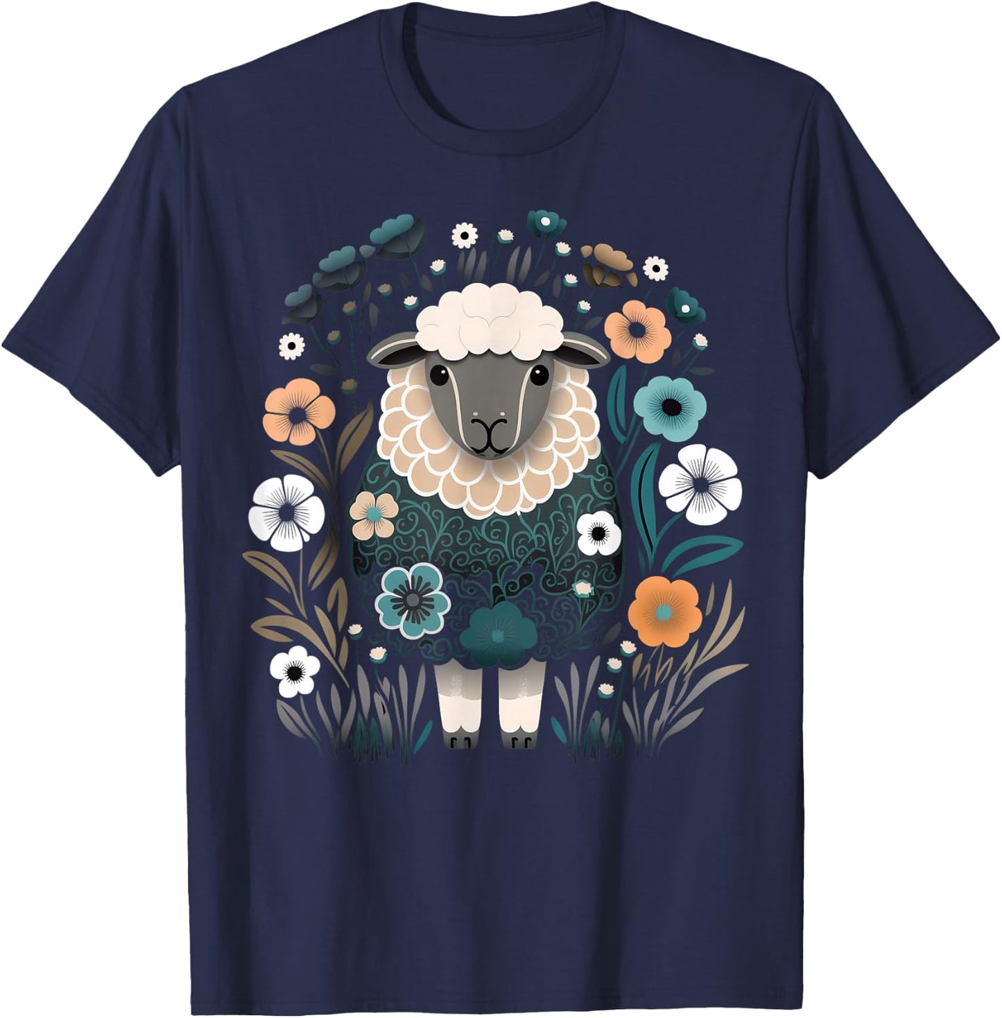 Cute Sheep Floral Colorful Flowers in the Garden Black T-Shirt - T-Shirt | Navy
