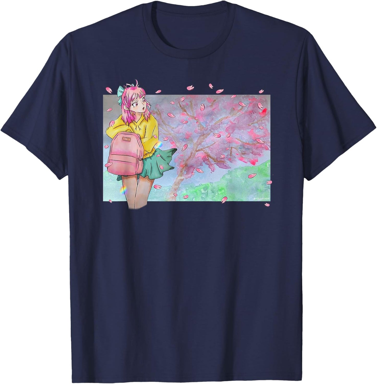 Sakura Watercolor Anime Manga Kawaii Pastel Goth Aesthetic T-Shirt - T-Shirt | Navy