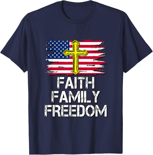 Faith Family Freedom - American Flag and Cross - Distressed T-Shirt - T-Shirt | Navy