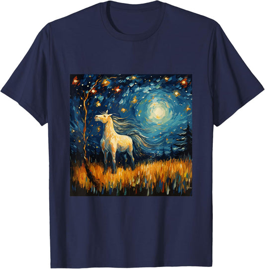 Horse in Starry Night Van Gogh inspired Art for Horses Lover T-Shirt - T-Shirt | Navy