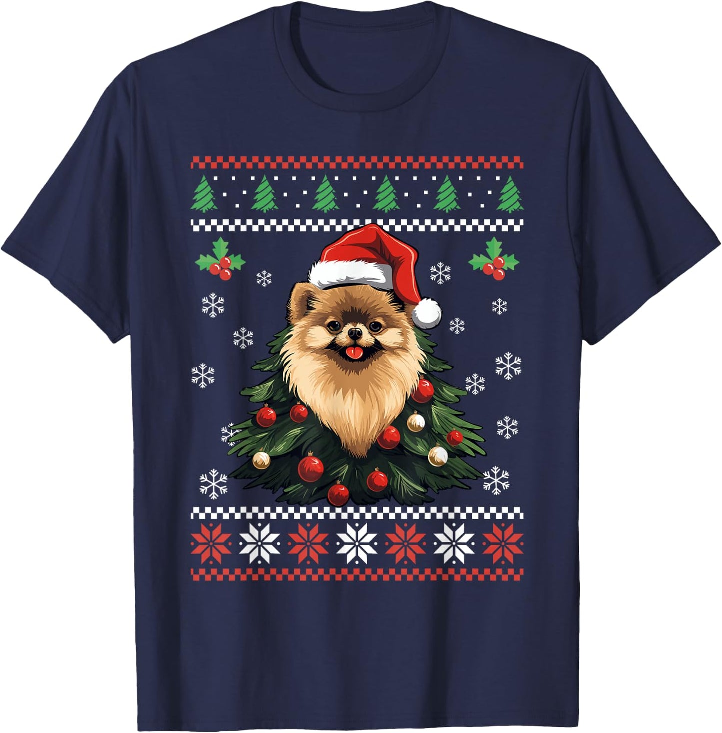 Pomeranian Dog Ugly Christmas Sweater Xmas For Adults Kids T-Shirt - T-Shirt | Navy
