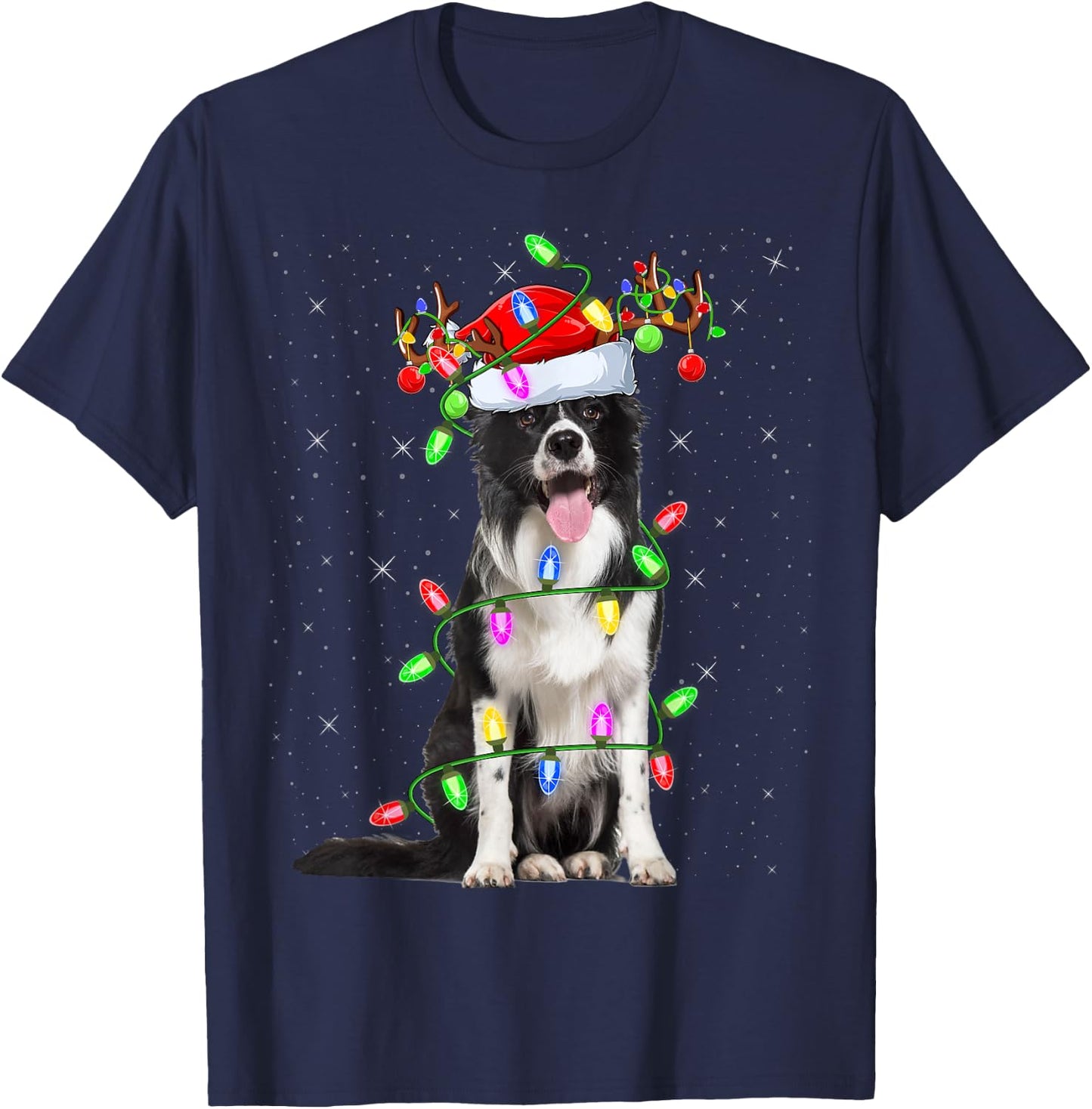 Xmas Holiday Lighting Santa Border Collie Dog Christmas T-Shirt - T-Shirt | Navy