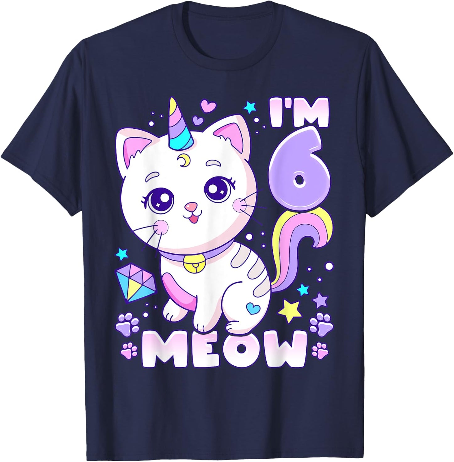 Birthday girl 6 years old, cat, unicorn, 6th birthday T-Shirt - T-Shirt | Navy