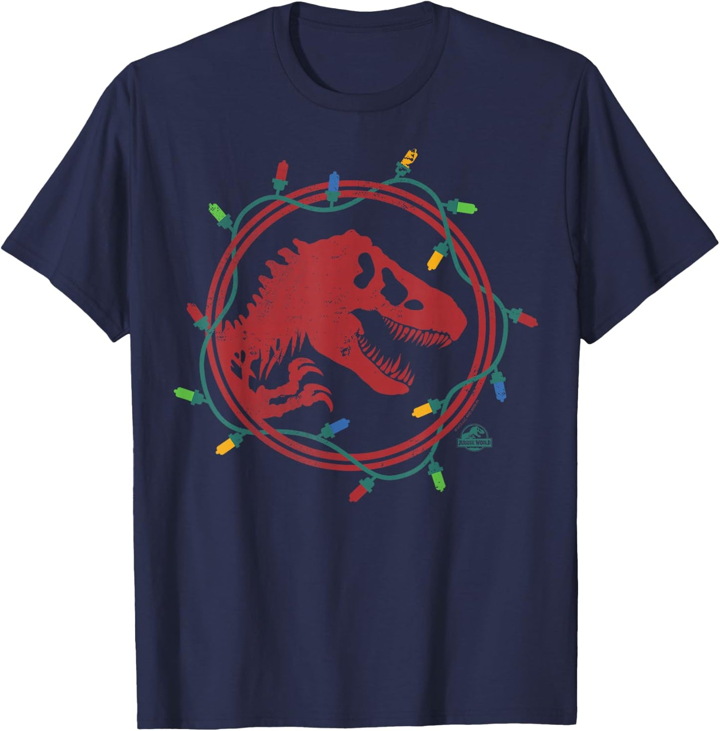 Jurassic World Kids' T-Rex Christmas Lights - Black, Short Sleeve, , Small T-Shirt - T-Shirt | Navy