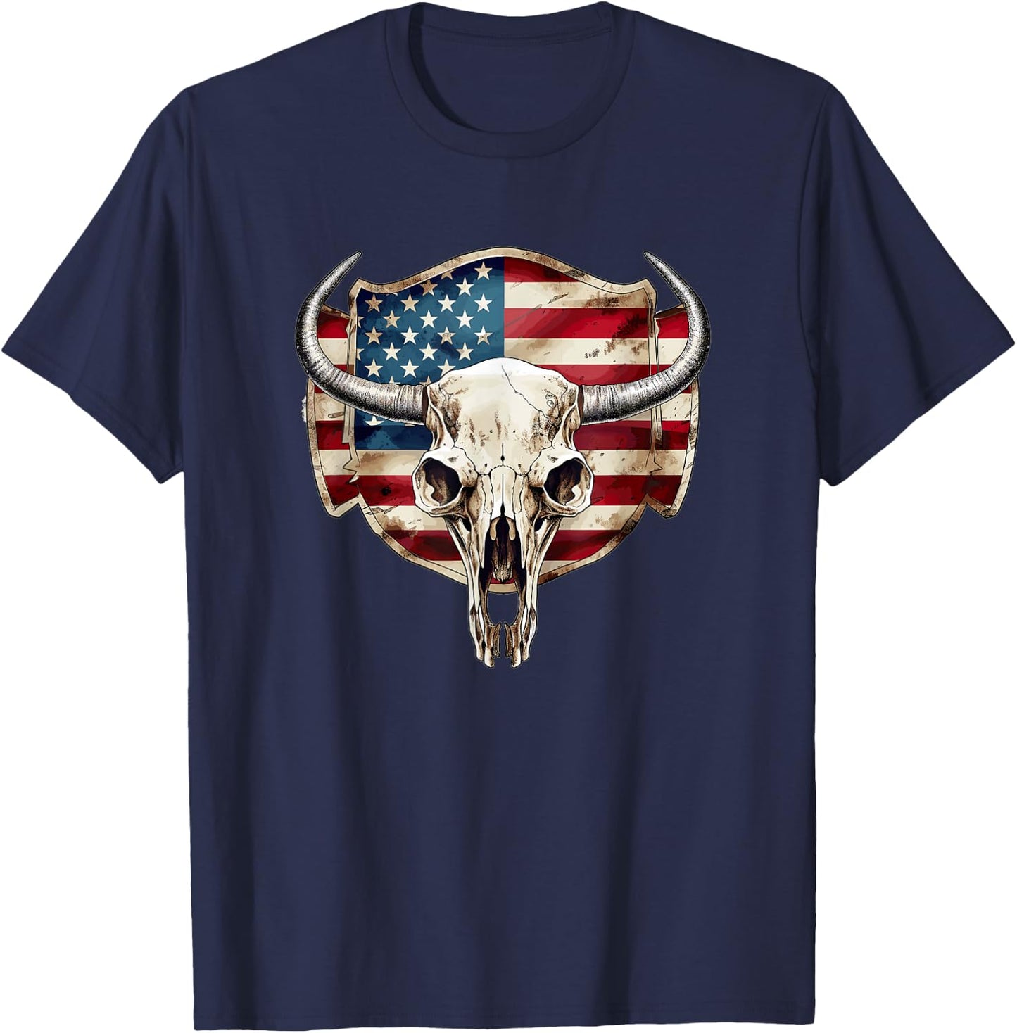 Vintage Cow Bull Cattle Skull Head Western Patriotic US-Flag Women Men T-Shirt - T-Shirt | Navy