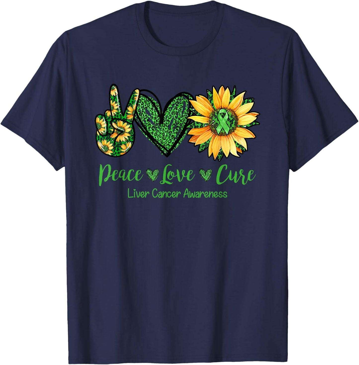 Daisy Flower Peace Love Cure Liver Cancer Awareness Month T-Shirt - T-Shirt | Navy