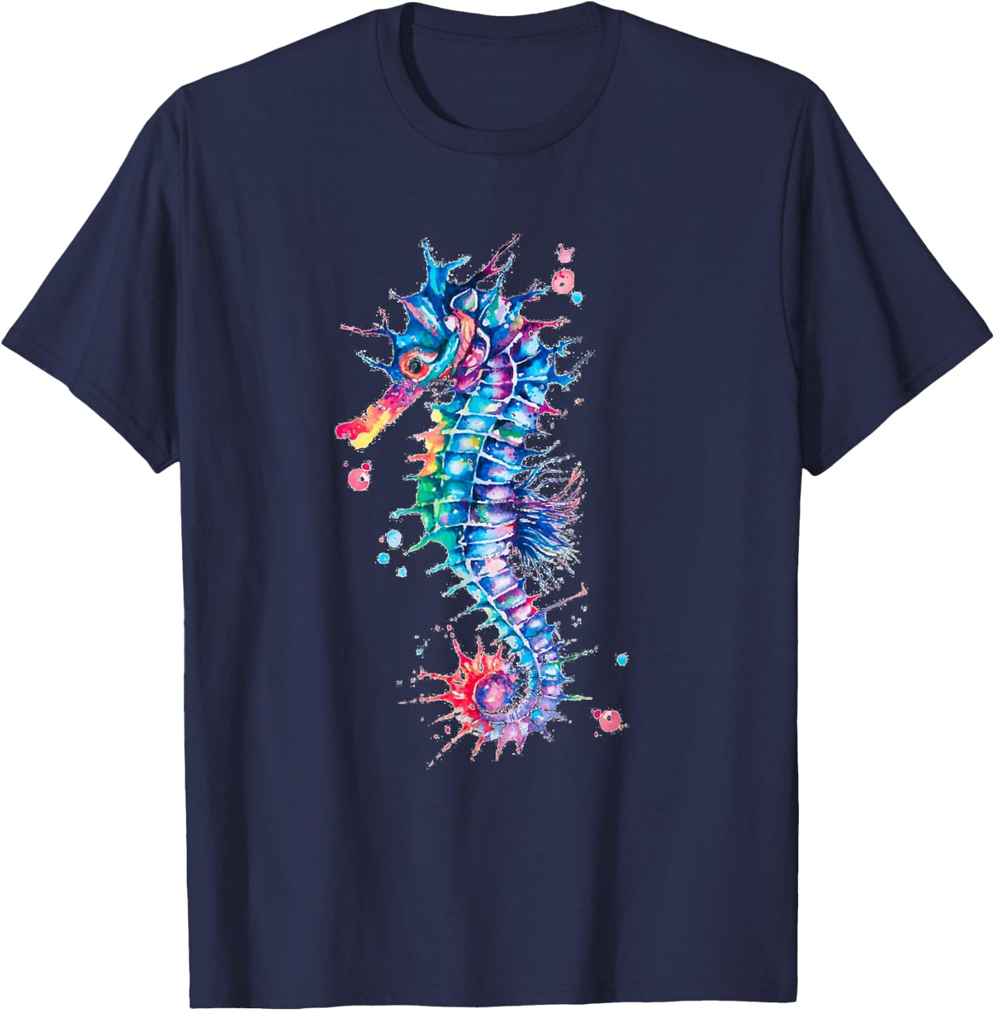 Seahorse Watercolor Ocean Animal Colorful Underwater Fish T-Shirt - T-Shirt | Navy