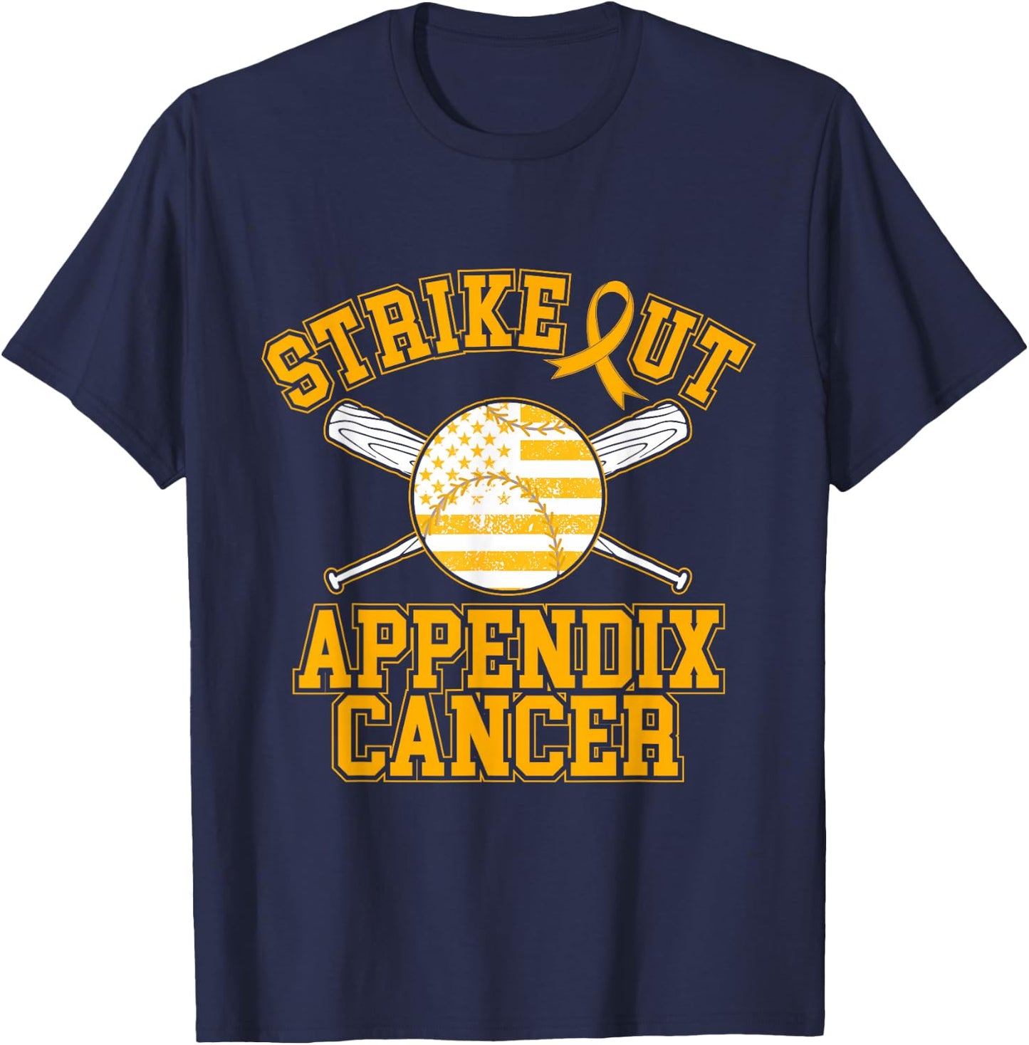 American Flag Strikeout Appendix Cancer Ribbon Baseball T-Shirt - T-Shirt | Navy