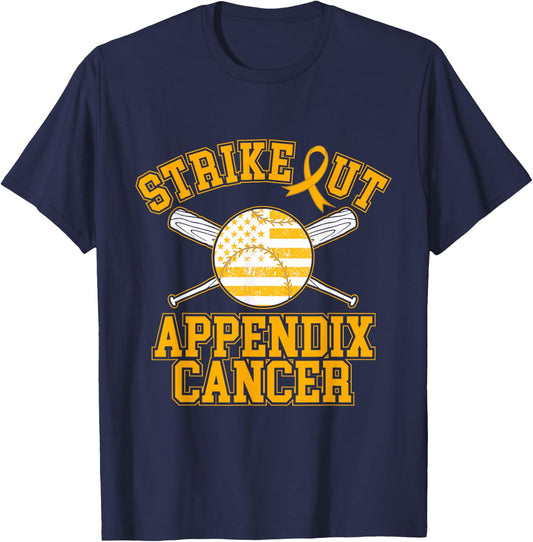American Flag Strikeout Appendix Cancer Ribbon Baseball T-Shirt - T-Shirt | Navy