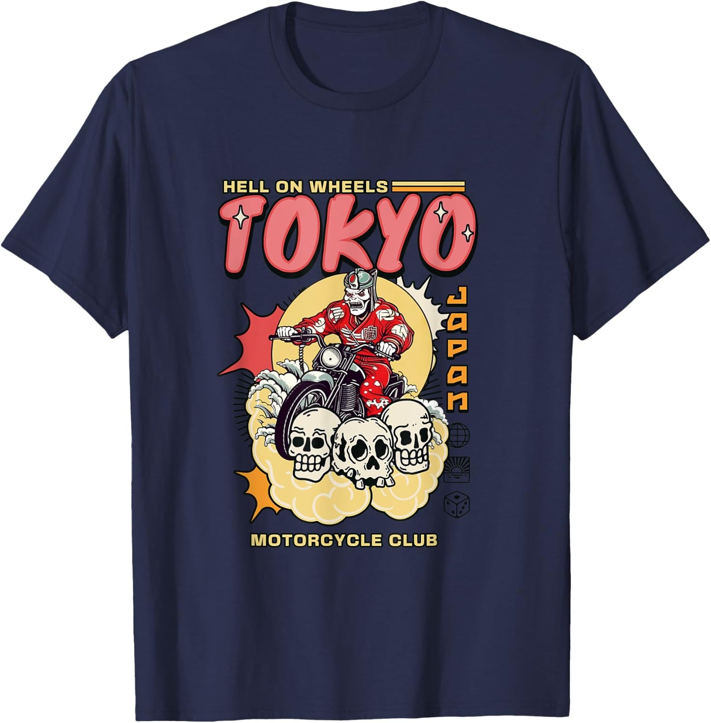 Tokyo Japan Motorcycle Club Biker MC Wheels Retro Skulls T-Shirt - T-Shirt | Navy