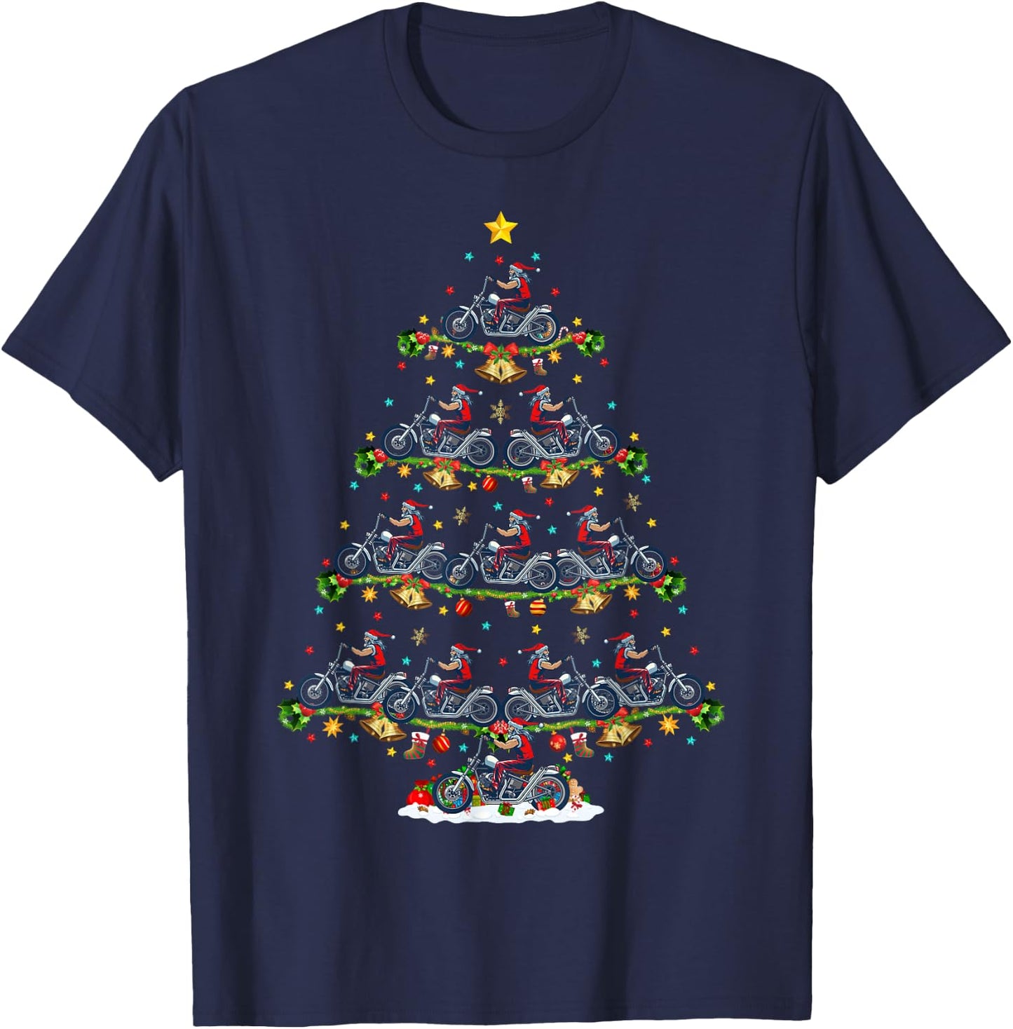 Motorcycle Lover Matching Santa Motorcycle Christmas Tree T-Shirt - T-Shirt | Navy
