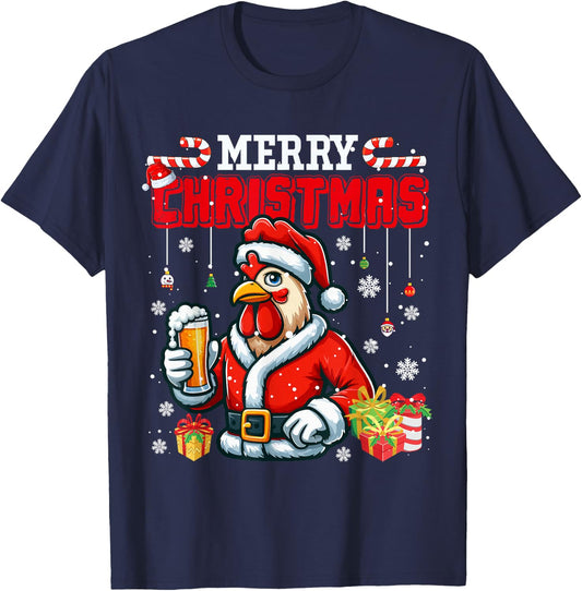 Merry Christmas Santa Rooster Chicken Drinking Beer Farmer T-Shirt - T-Shirt | Navy