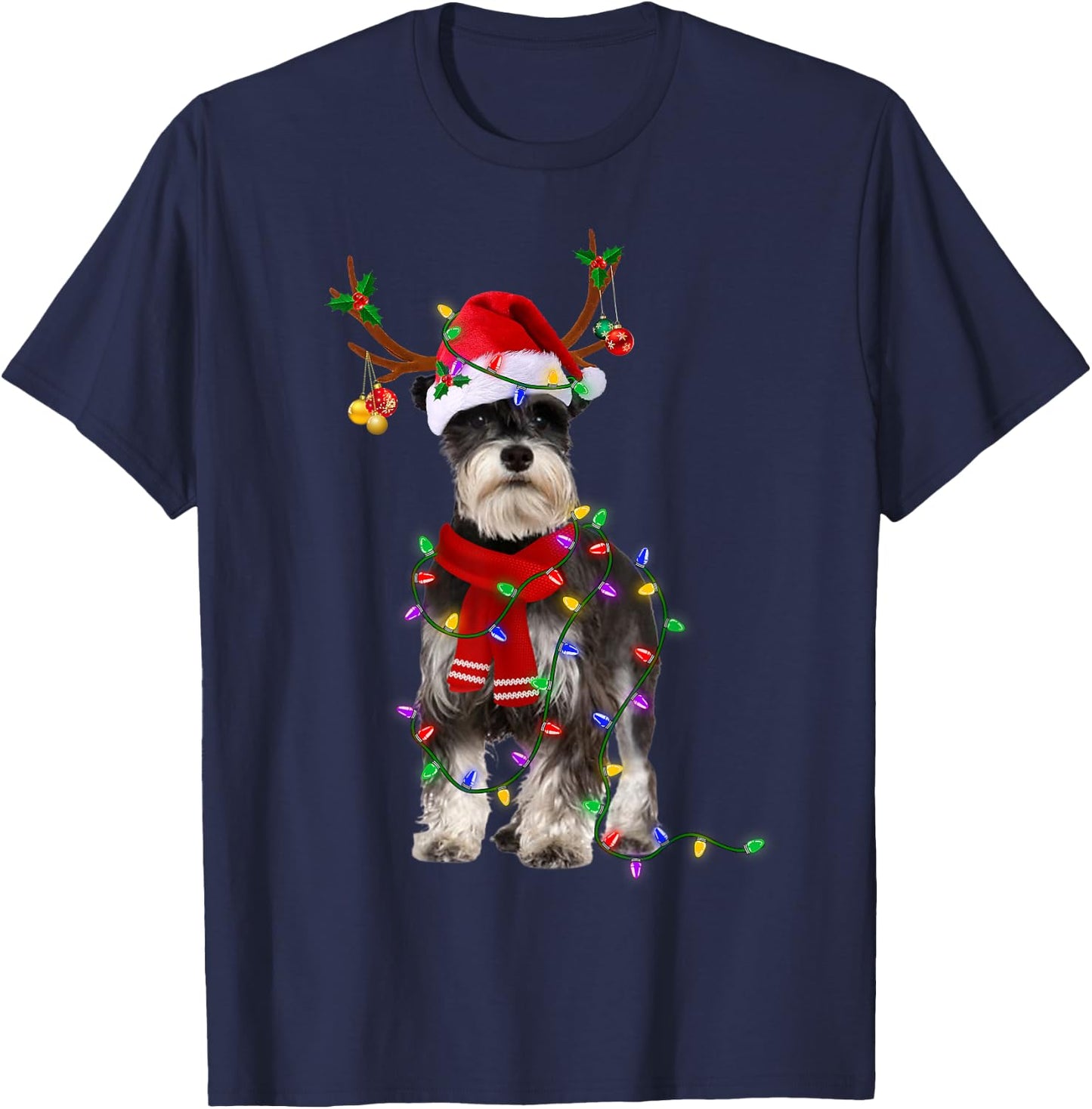 Funny Schnauzer Dog Tree Christmas Lights Dog Lover Pajama Men Women Kids T-Shirt - T-Shirt | Navy
