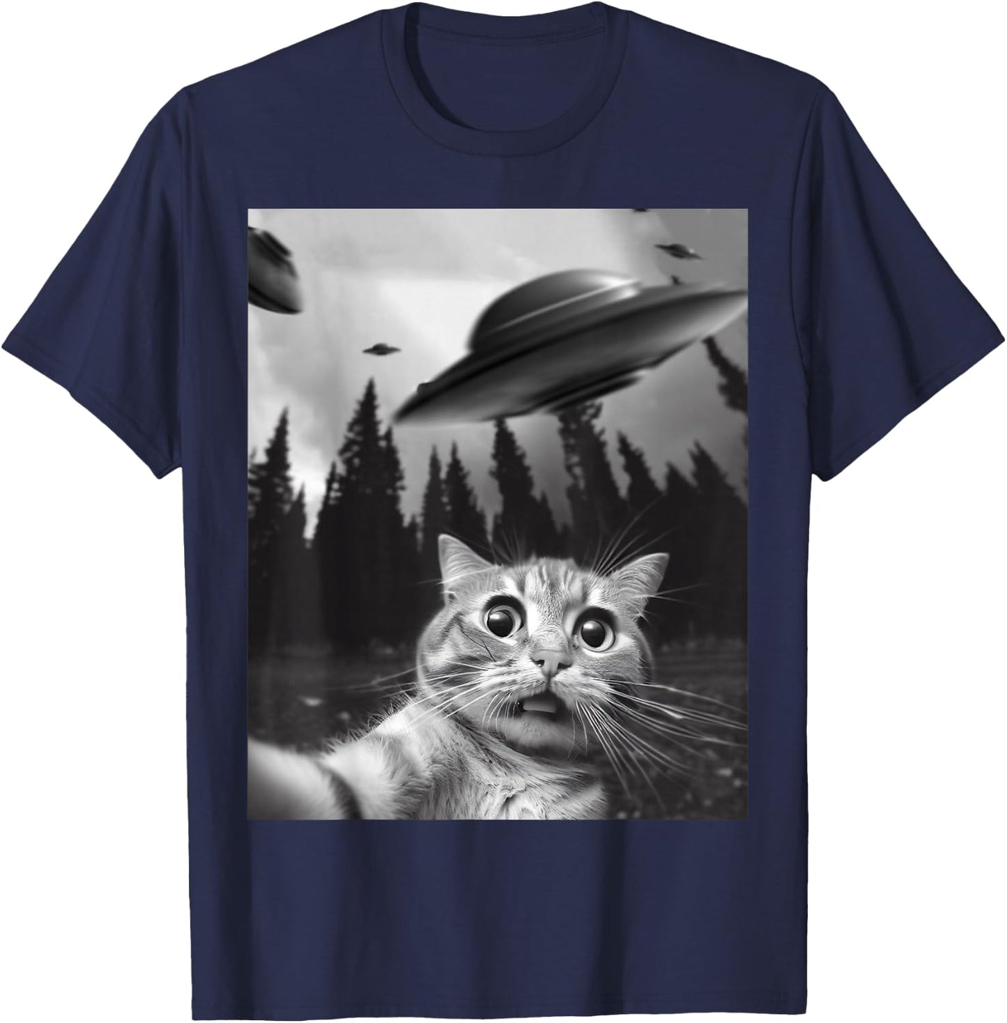 Funny Cat Selfie with UFOs T-Shirt - T-Shirt | Navy
