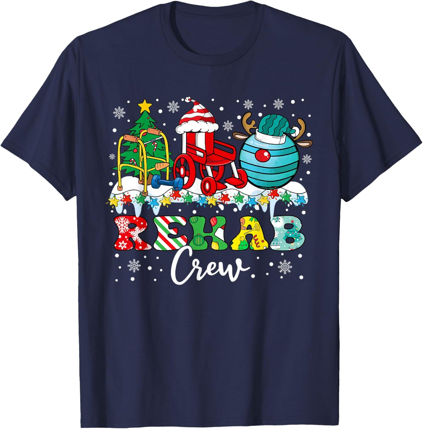 Rehab Crew Wheelchair Santa Reindeer Rehab Nurse Christmas T-Shirt - T-Shirt | Navy