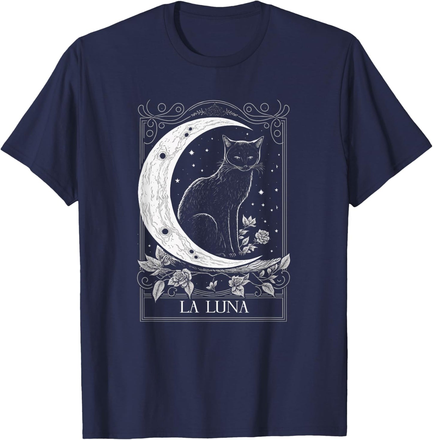 Cat and Crescent Moon Tarot Card Graphic T-Shirt - T-Shirt | Navy