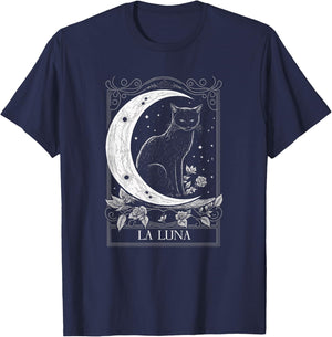 Cat and Crescent Moon Tarot Card Graphic T-Shirt - T-Shirt | Navy
