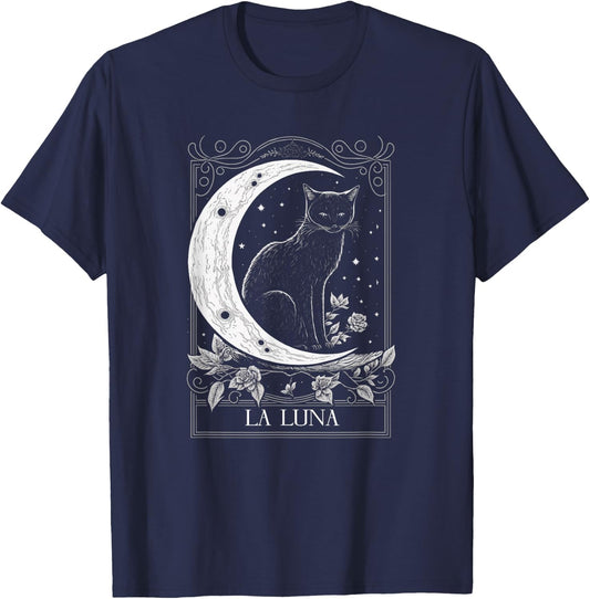 Cat and Crescent Moon Tarot Card Graphic T-Shirt - T-Shirt | Navy