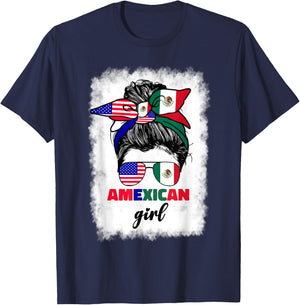 Half Mexican And American Mexico America Usa Flag Girl Funny T-Shirt - T-Shirt | Navy