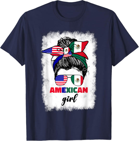 Half Mexican And American Mexico America Usa Flag Girl Funny T-Shirt - T-Shirt | Navy