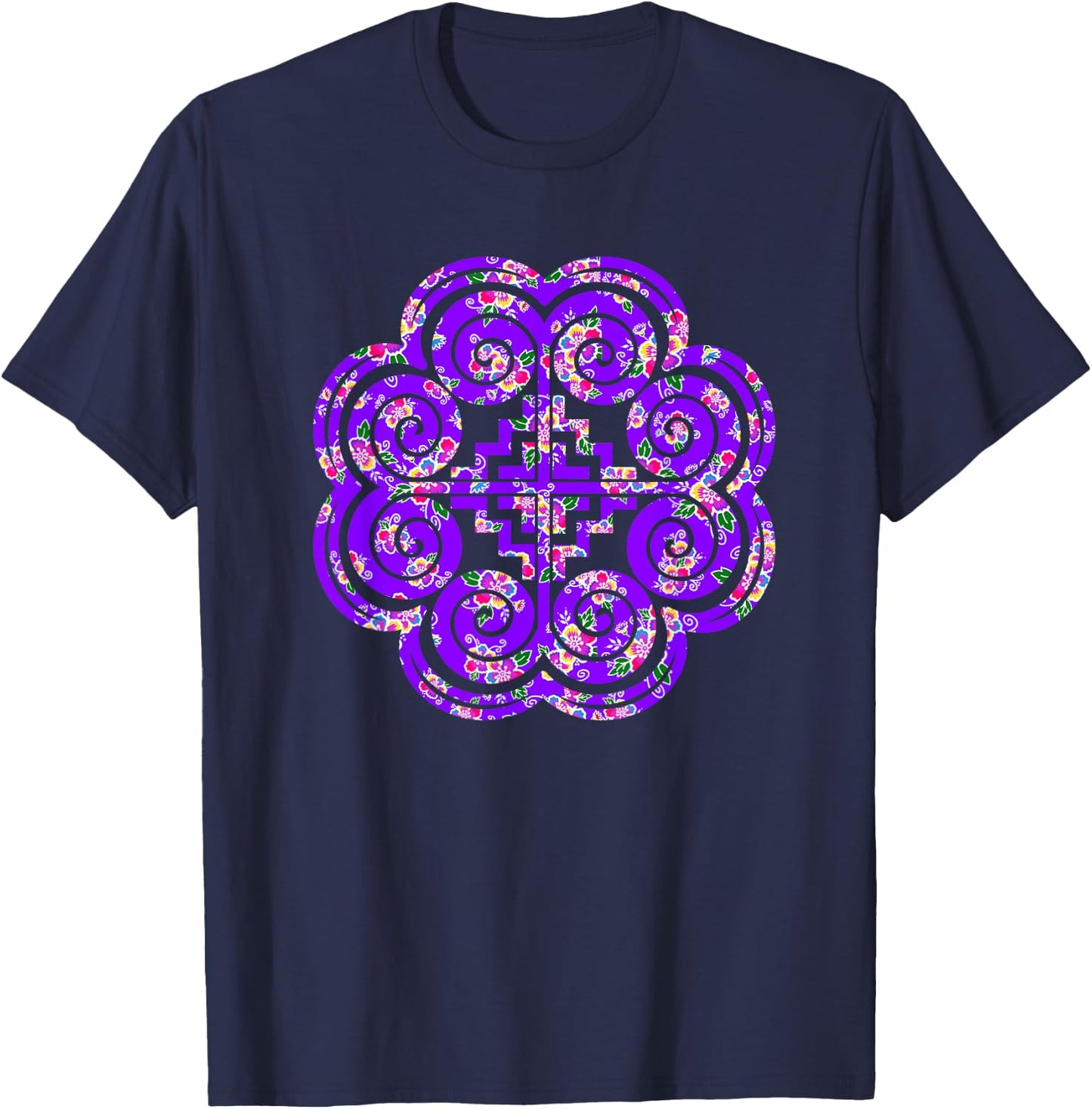 Hmong Purple Floral Elephant Foot T-Shirt - T-Shirt | Navy
