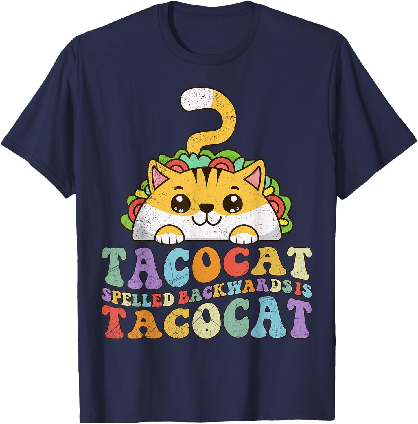 Tacocat Spelled Backwards is Tacocat, Funny Taco Cat Retro Men Women Girls Kids T-Shirt - T-Shirt | Navy