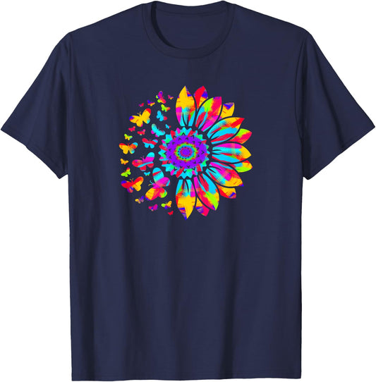 Sunflower Sun Flower Tie Dye Daisy Butterflies Women Girls T-Shirt - T-Shirt | Navy
