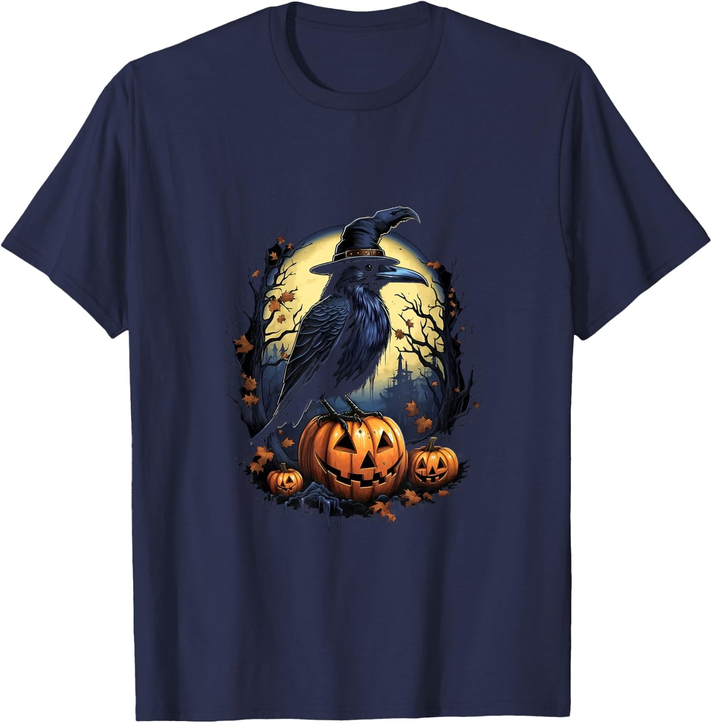 Crow Bird Witch Hat Pumpkins Halloween Costume T-Shirt - T-Shirt | Navy