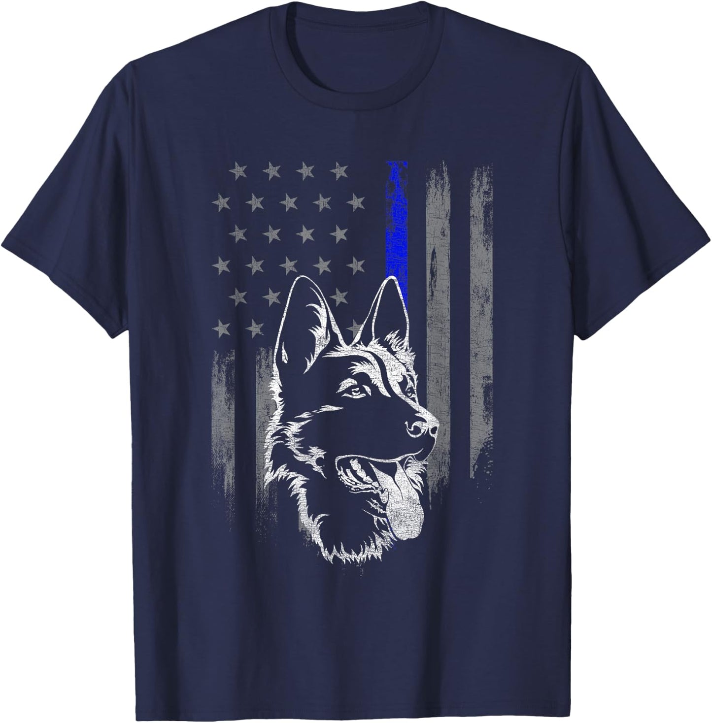 American Flag Thin Blue Line Flag German Shepherd Police T-Shirt - T-Shirt | Navy