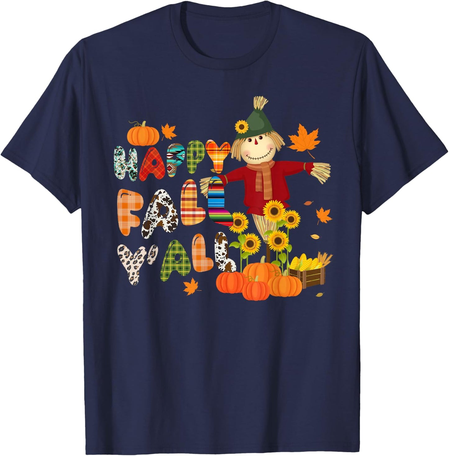 Scarecrow Happy Fall Y'all Pumpkin Thanksgiving Halloween T-Shirt - T-Shirt | Navy