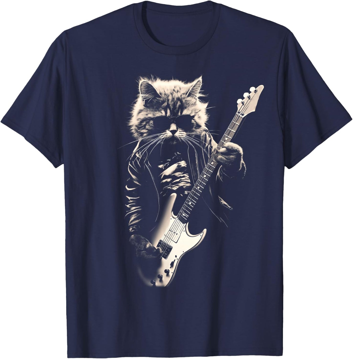 Rock Cat Playing Guitar - Funny Guitar Cat T-Shirt - T-Shirt | Navy