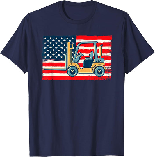 Cool Forklift Operator Art Men Women US Flag Forklift Driver T-Shirt - T-Shirt | Navy
