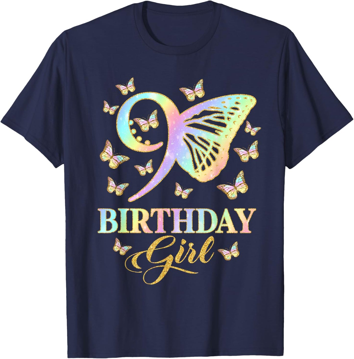 Butterfly 9th Birthday Outfit 9 Year Old Girl Kids Cute T-Shirt - T-Shirt | Navy