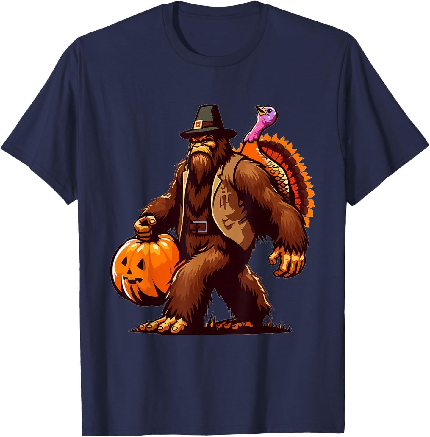 Bigfoot Pilgrim Turkey Pumpkin Thanksgiving Day T-Shirt - T-Shirt | Navy