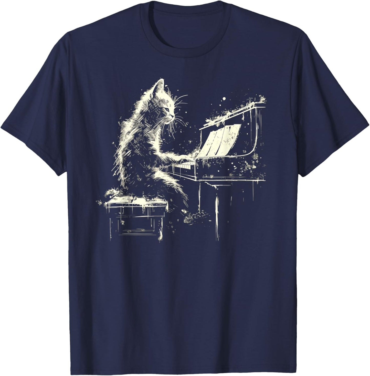 Cat Playing Piano Women Girls Kids T-Shirt - T-Shirt | Navy