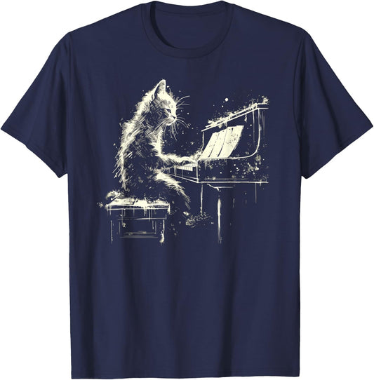 Cat Playing Piano Women Girls Kids T-Shirt - T-Shirt | Navy