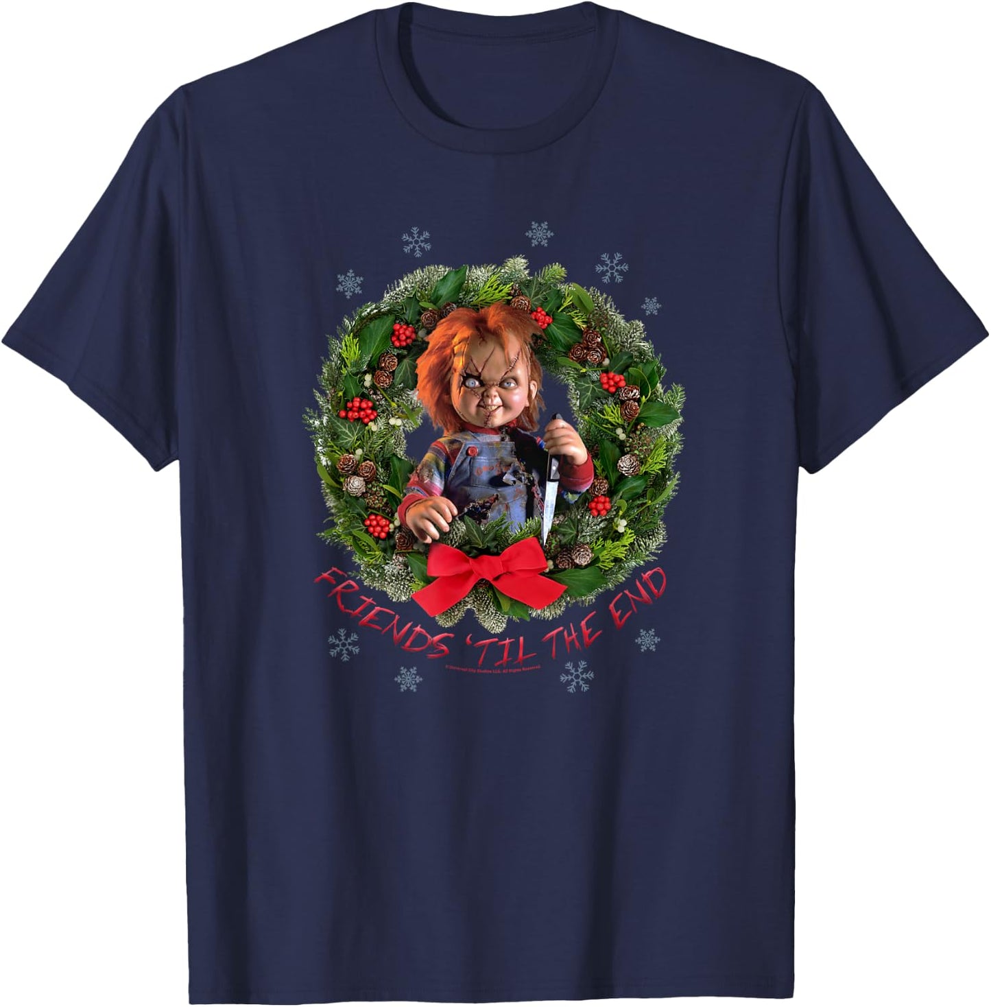 Chucky Christmas Wreath Friends Til the End T-Shirt - T-Shirt | Navy