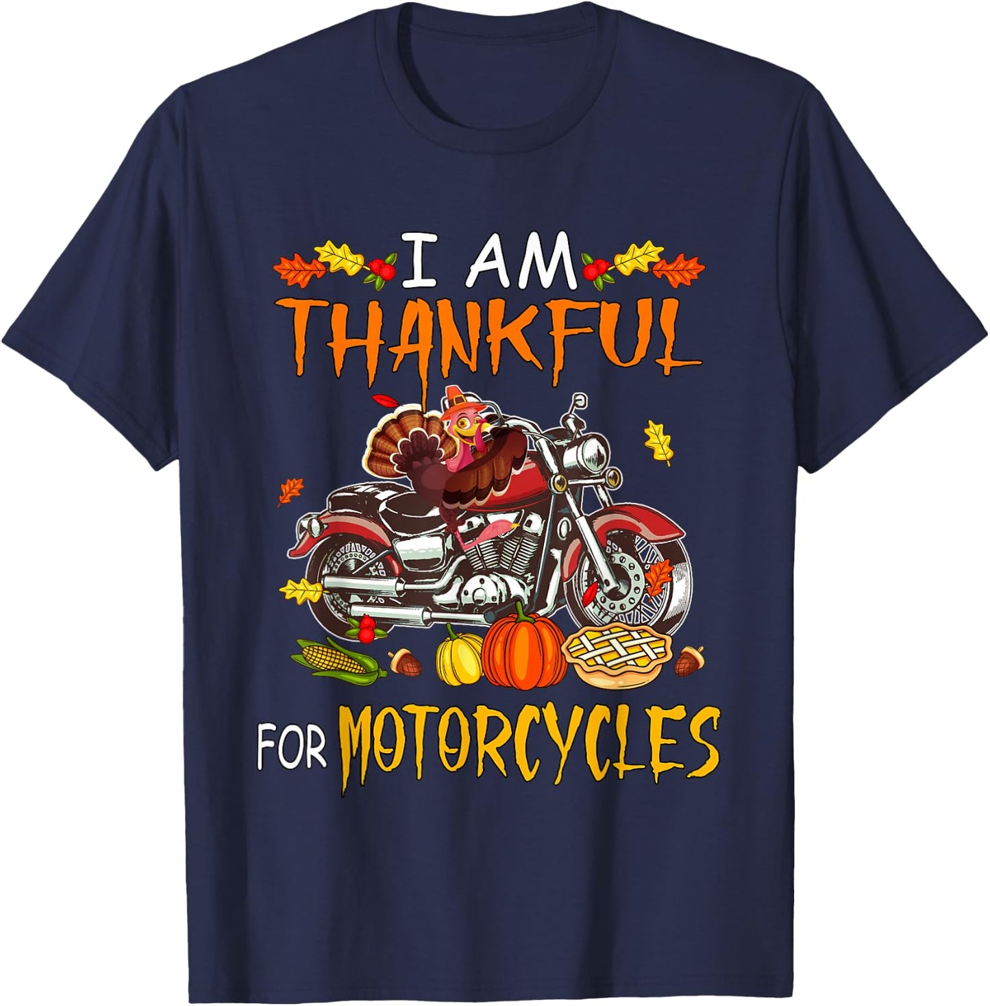 Biker Thanksgiving Costume Thankful For Motorcycles Funny Turkey Riding Motorcycle - Black, -Adults, Short Sleeve, , Thanksgiving, Halloween T-Shirt - T-Shirt | Navy