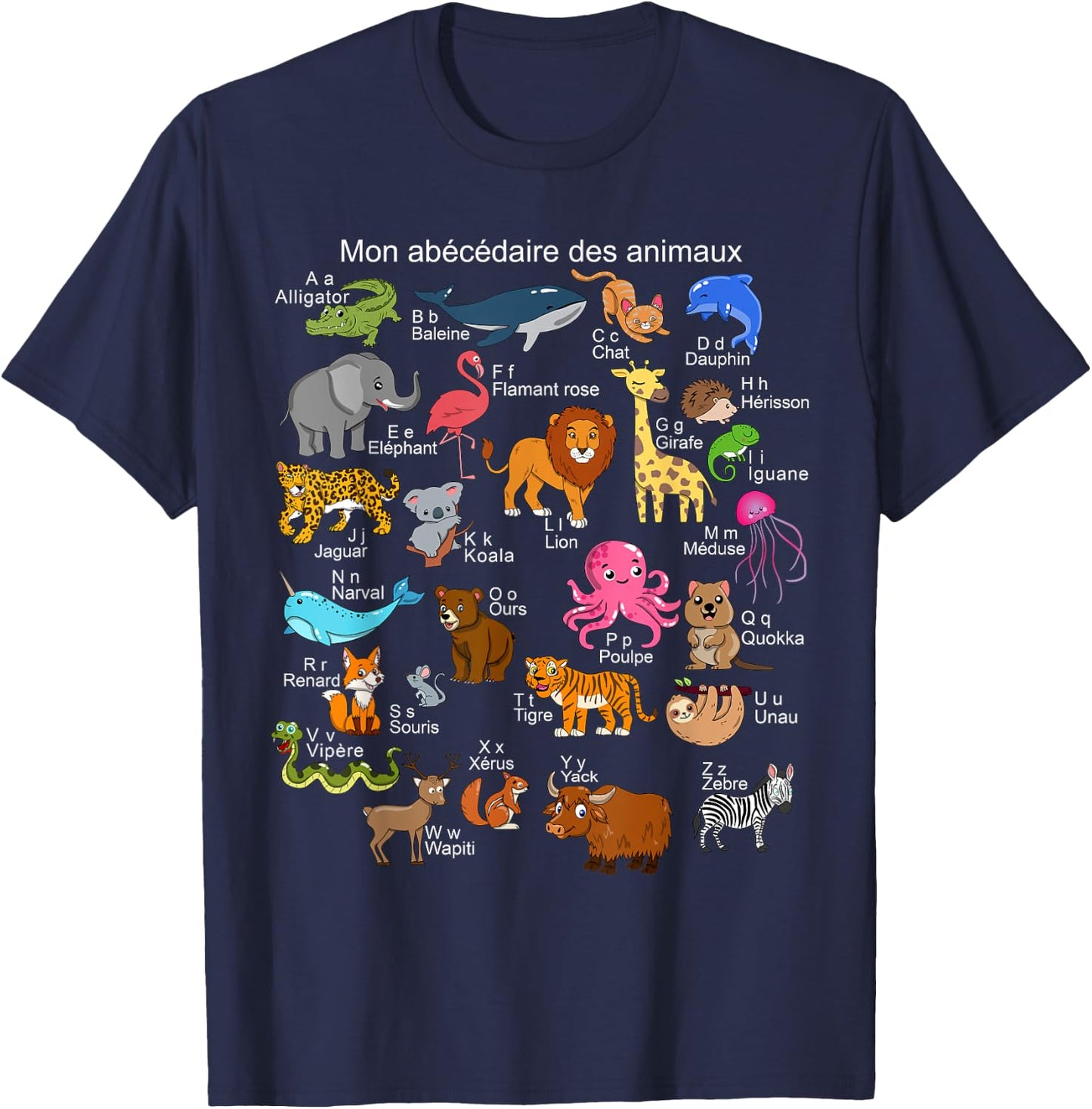 French Animals Alphabet A-Z ABC of the Wildlife T-Shirt - T-Shirt | Navy