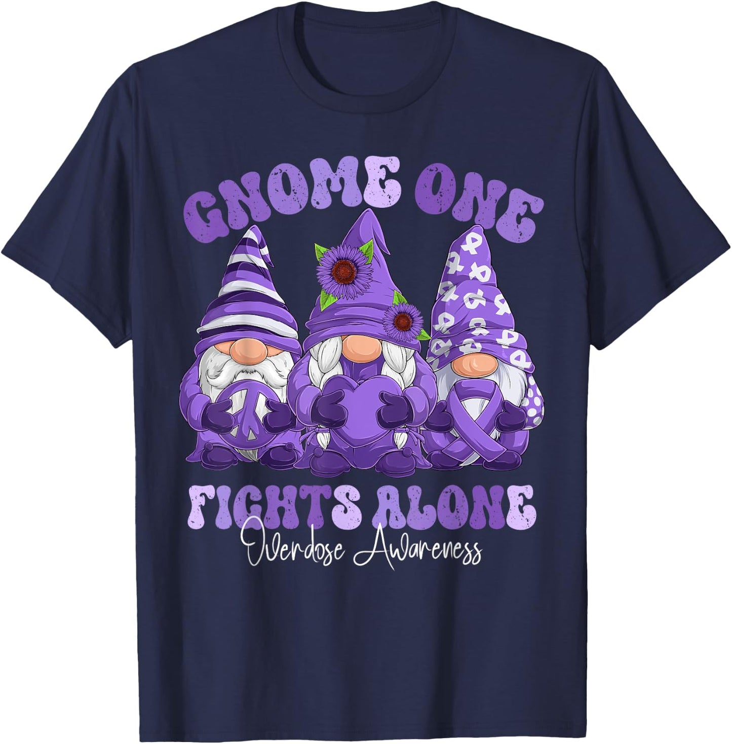 Overdose Awareness Month Purple Ribbon Gnomies T-Shirt - T-Shirt | Navy