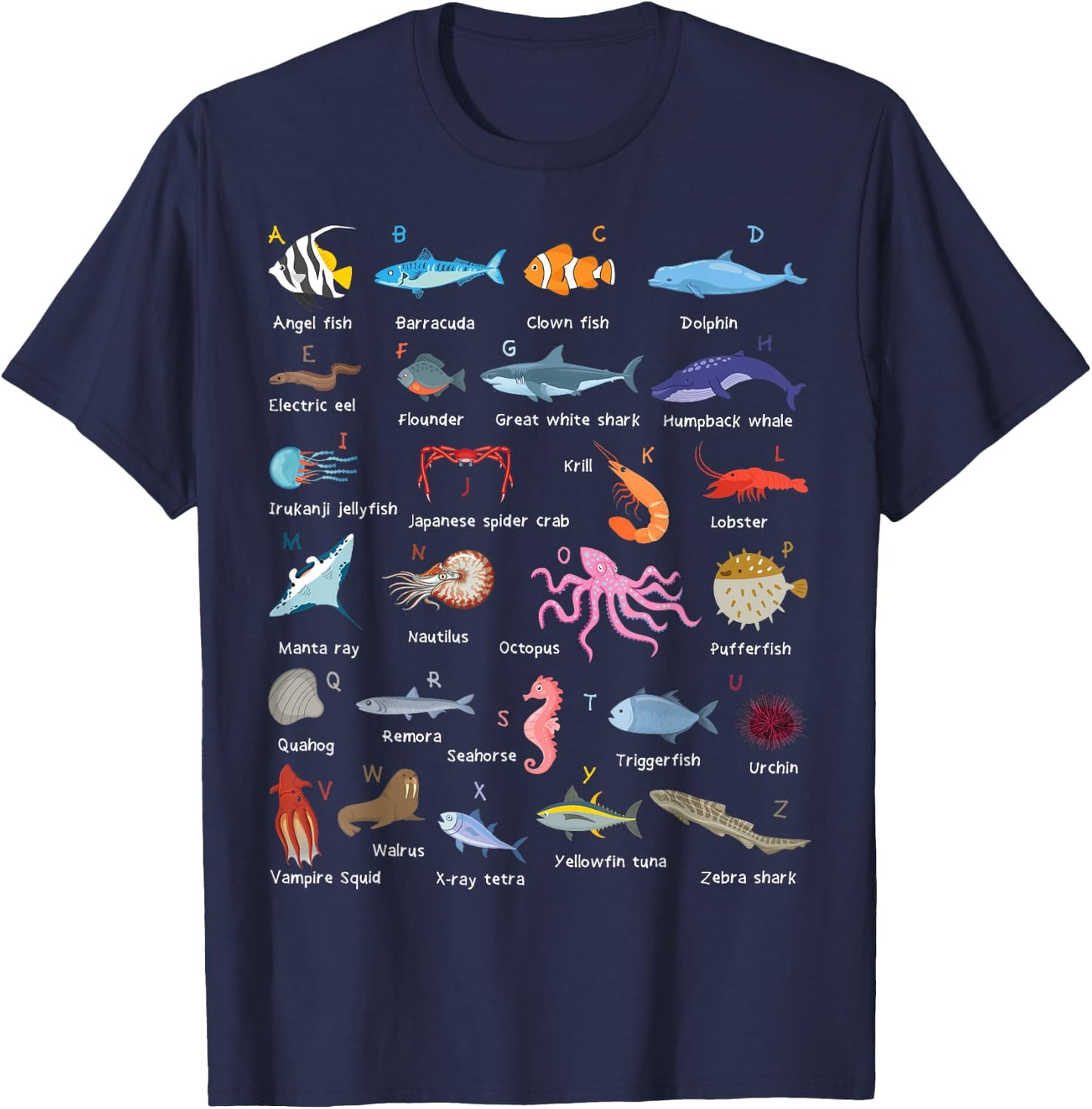 A-Z Ocean Life Exploration - Sea Creatures Alphabet T-Shirt - T-Shirt | Navy