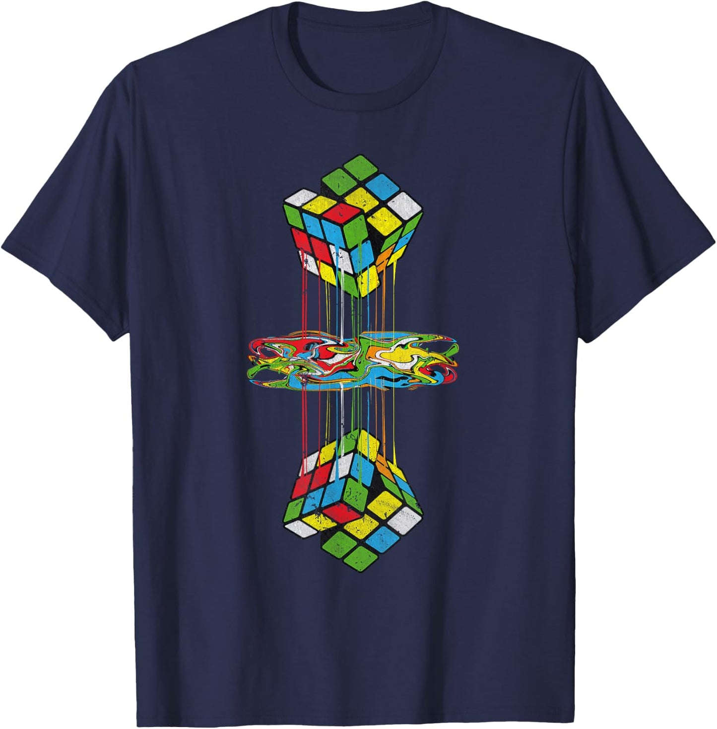Vintage Melting Cube Refection Graphic Math Speedcubing T-Shirt - T-Shirt | Navy