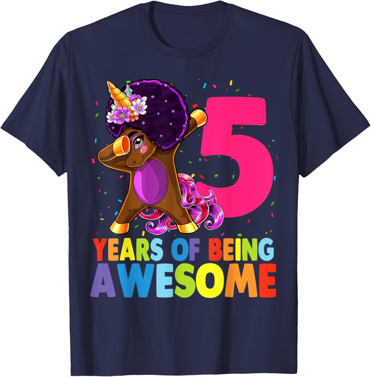 5th Birthday Dabbing Unicorn Afro Party Gift 5 Years Old T-Shirt - T-Shirt | Navy