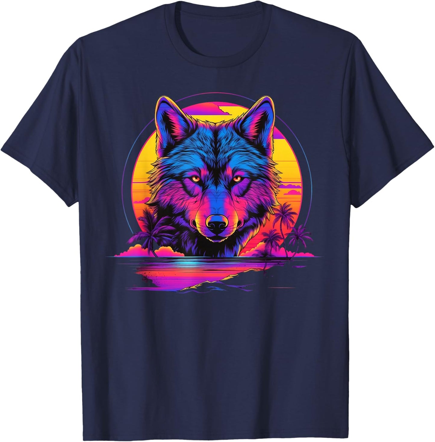 Vintage Retrowave Synthwave 80s Vaporwave Wolf T-Shirt - T-Shirt | Navy