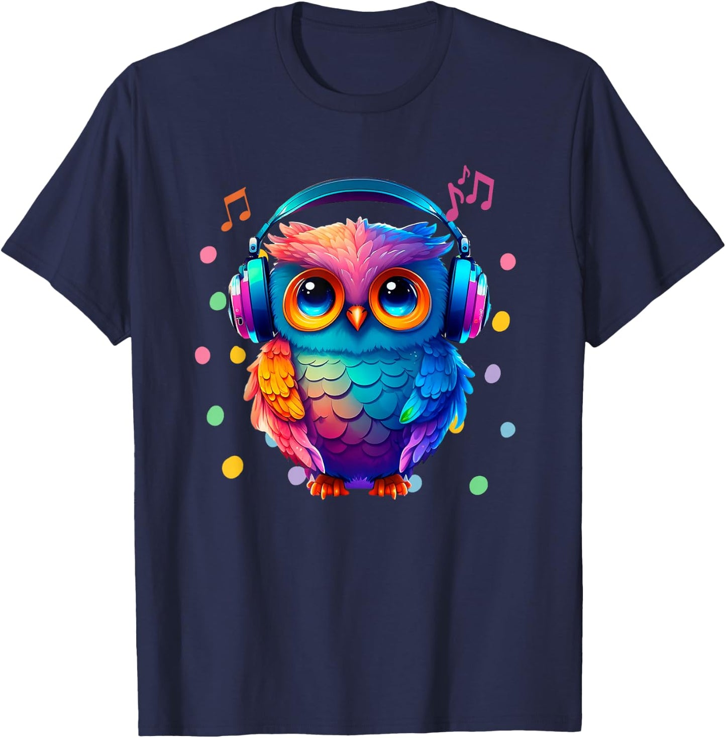 Rainbow Owl With Headphones Music Colorful Owl Graphic T-Shirt - T-Shirt | Navy