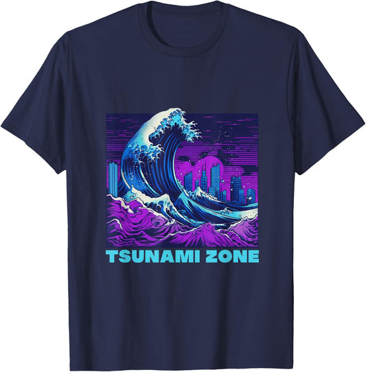 Great Wave Vaporwave "Tsunami Zone" Synthwave Tidal Wave T-Shirt - T-Shirt | Navy
