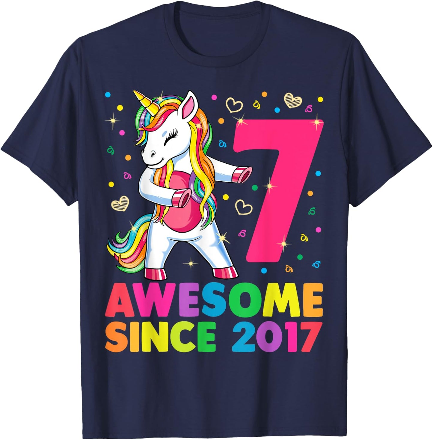 7 Years Old Unicorn Flossing 7th Birthday Girl Unicorn Party T-Shirt - T-Shirt | Navy