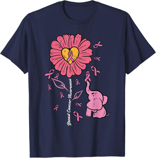 Pink Sunflower Elephant Daisy Breast Cancer Awareness Women T-Shirt - T-Shirt | Navy