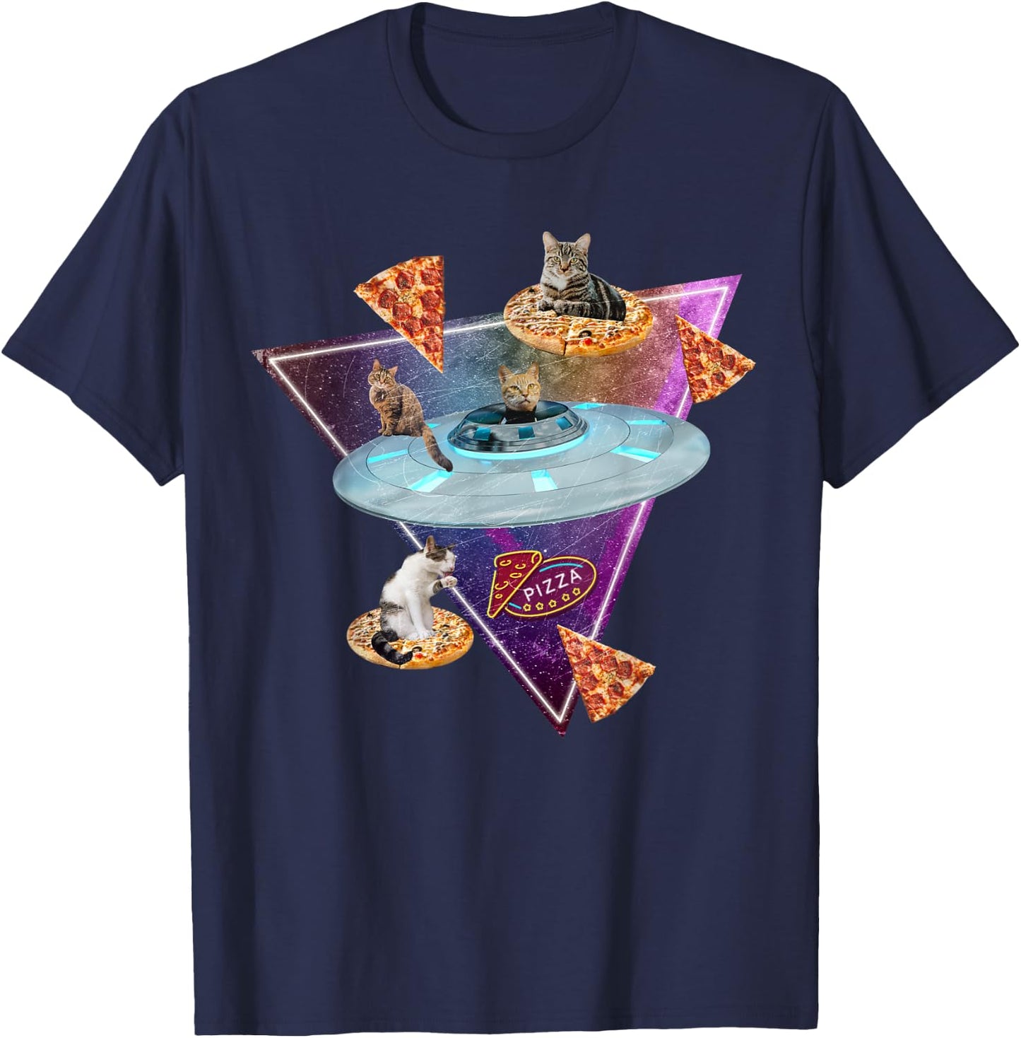 Funny UFO Space Pizza Galaxy Cat Women Kids T-Shirt - T-Shirt | Navy