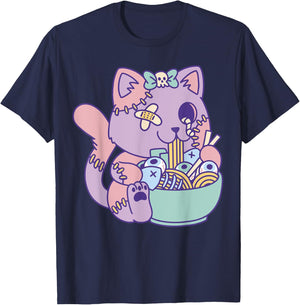 Cute Pastel Kawaii Zombie Cat Eating Ramen Halloween 2023 T-Shirt - T-Shirt | Navy